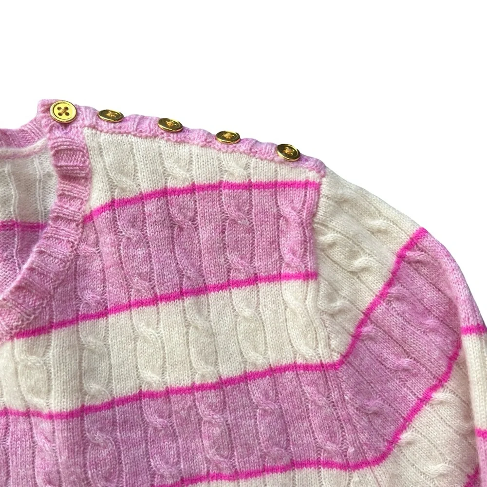 J.Crew Cable-knit Cashmere Crewneck Sweater Pink White Stripe Shoulder Buttons M - Picture 5 of 8